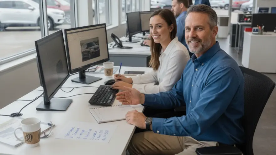 A smiling man and woman sit at desks with computer monitors inside a car dealership office with large windows showing cars parked outside.
