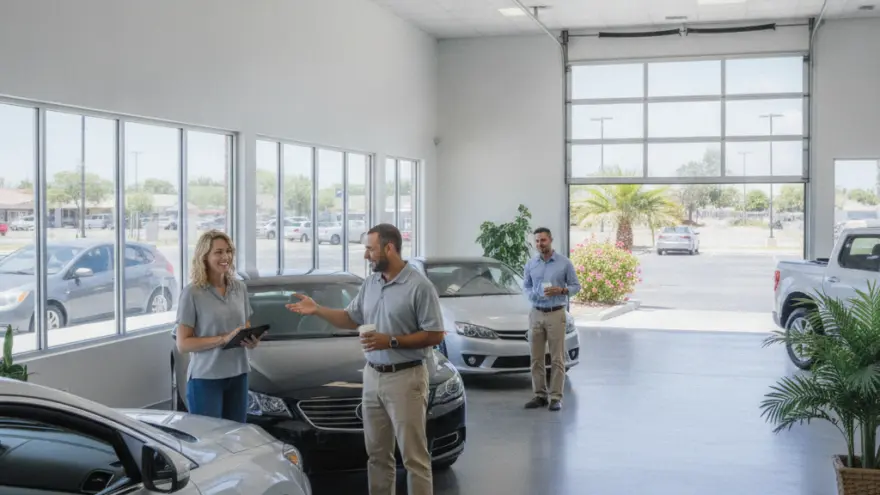 A man and a woman stand talking next to a black sedan inside a bright car dealership showroom with other vehicles and a large open garage door in the background.