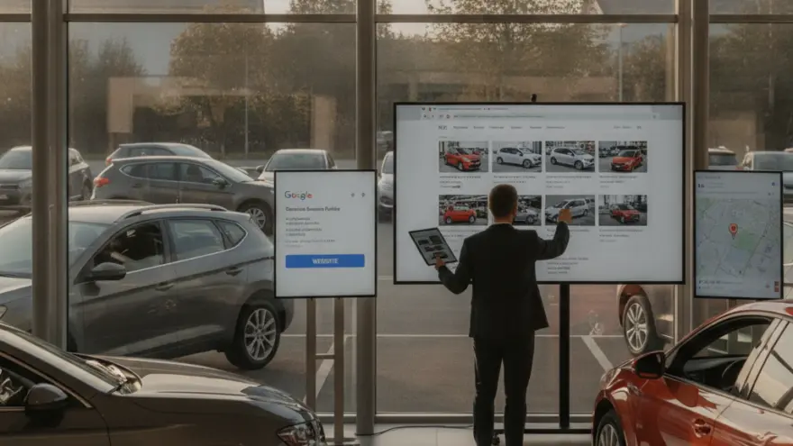A man in a suit stands in a car showroom pointing at a large digital screen displaying vehicle listings, with cars parked inside and outside the large windows.