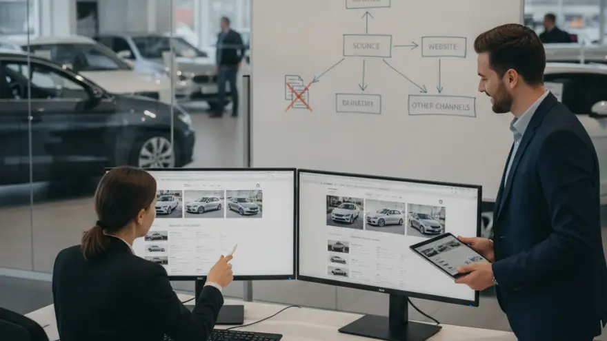 A woman sits at a desk pointing at a computer monitor showing cars while a man stands next to her holding a tablet in a car dealership office.