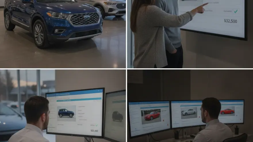 A four-panel collage showing a blue SUV in a showroom, a couple looking at a digital screen, and a man working on a computer at a desk.