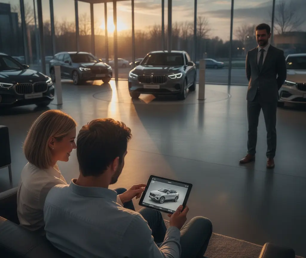Es Paar sitzt uf eme Sofa imne Autohuus und luegt uf eme Tablet es Auto a, während im Hintergrund en Verkäufer im Aazug staht und mehreri Autos usgstellt sind.