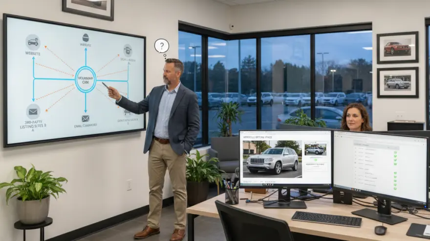 A man in a blazer points to a diagram on a large wall-mounted screen while a woman sits at a desk with dual computer monitors showing car listings.