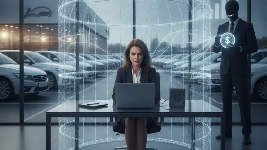 A woman sits at a desk with a laptop inside a digital dome shield, while a shadowed figure in a suit stands nearby holding a glowing dollar sign icon in front of a car dealership lot.