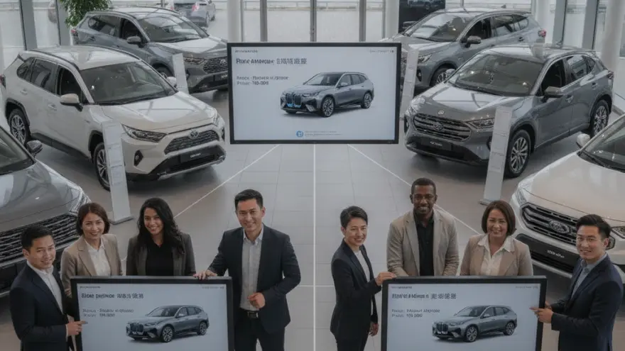 A high-angle shot of a car dealership showroom with several SUVs on display and two groups of professional staff posing next to digital screens.