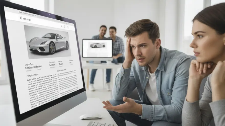 A concerned man and woman look at a computer screen displaying a white sports car on a website.
