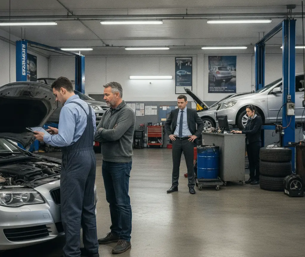 En Automechaniker im blaue Gschirr zeigt eme Chund öppis uf eme Tablet vor ere offene Motorhube in ere Autowerchstatt.