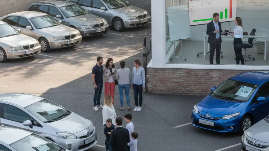 An outdoor car dealership lot with several vehicles parked on the asphalt, where a family and a group of people stand talking near a glass-walled office building.