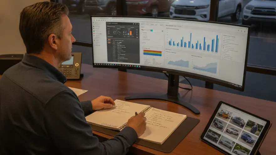 A man sits at a desk writing in a notebook while looking at a large curved monitor displaying data charts, with a tablet showing car photos nearby and a dealership lot visible through the window.