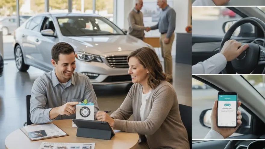 A collage showing a man and a woman discussing paperwork at a table in a car dealership showroom, with smaller images of hands holding smartphones and a hand on a steering wheel.