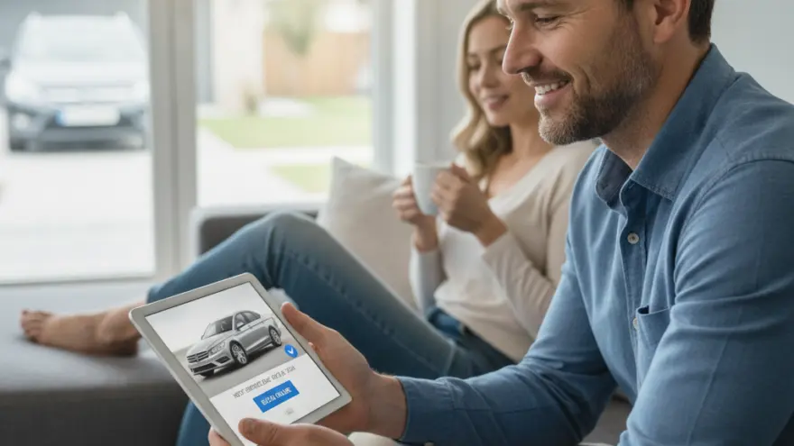 A smiling man sits on a couch holding a tablet displaying a car while a woman sits in the background holding a mug.