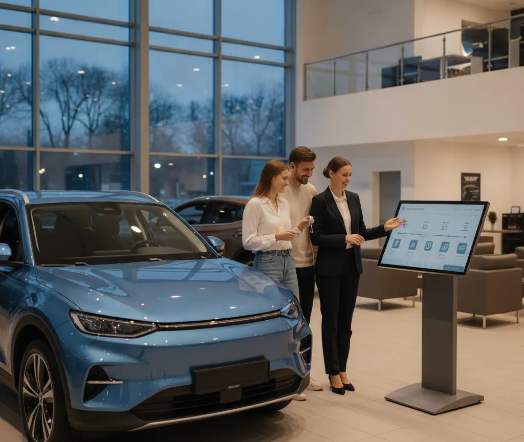 A saleswoman in a black suit gestures toward a digital kiosk screen while presenting a blue electric car to a smiling couple inside a modern dealership showroom.