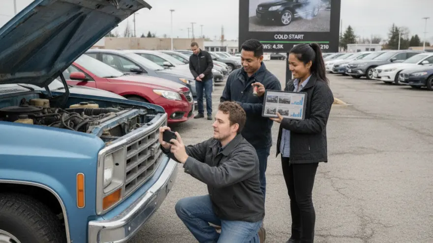 A man kneels to take a photo of a blue truck's open engine bay with his smartphone while two people stand nearby holding a tablet on a car dealership lot.