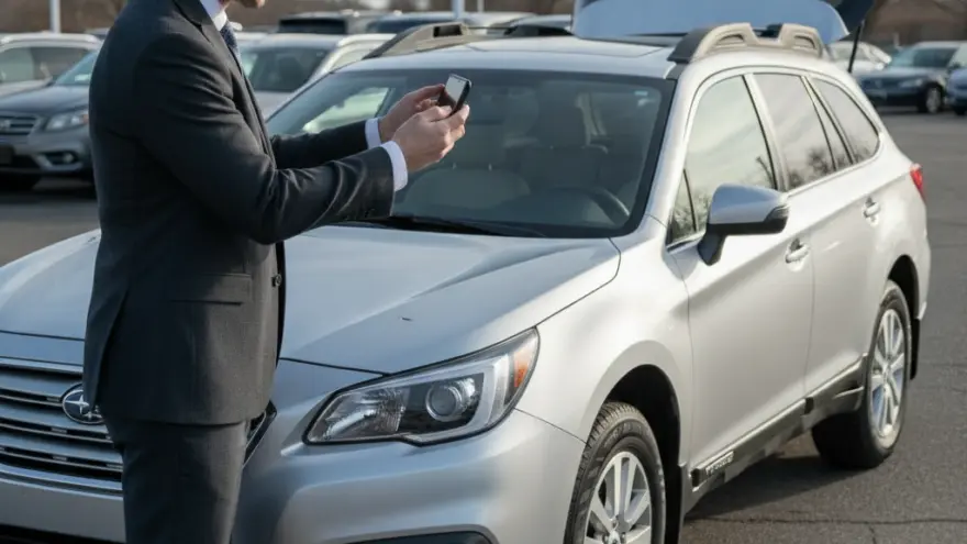 A smiling man in a suit stands next to a silver station wagon with its trunk open, looking at his smartphone.