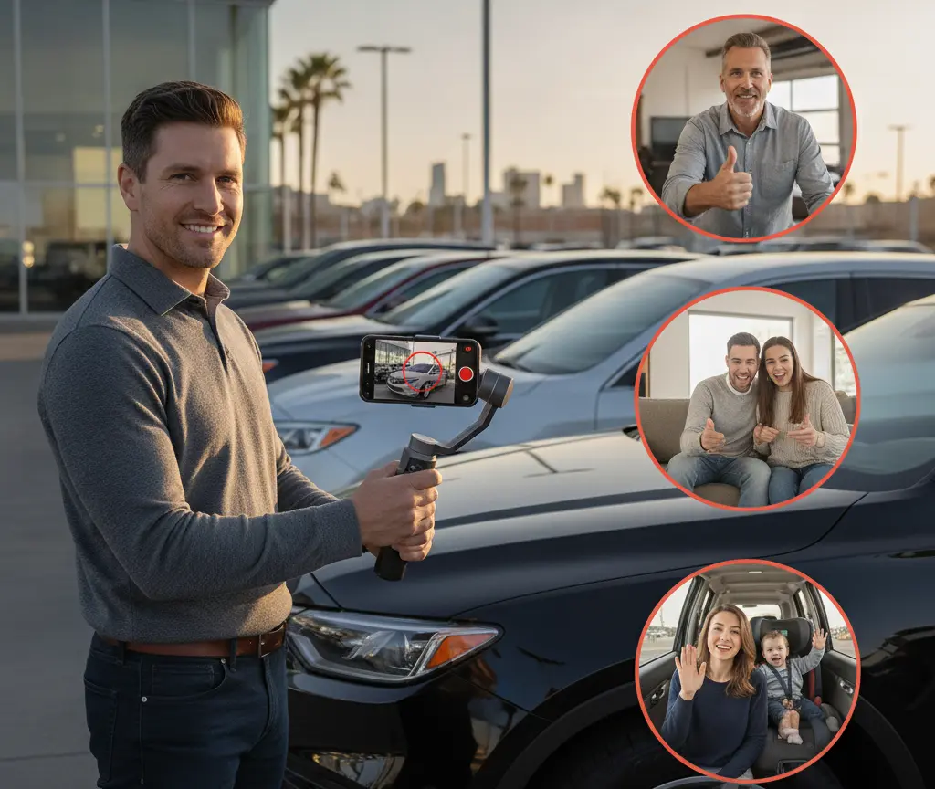 A smiling man stands in a car dealership lot holding a smartphone on a gimbal to record a video, with three circular inset images showing happy customers.