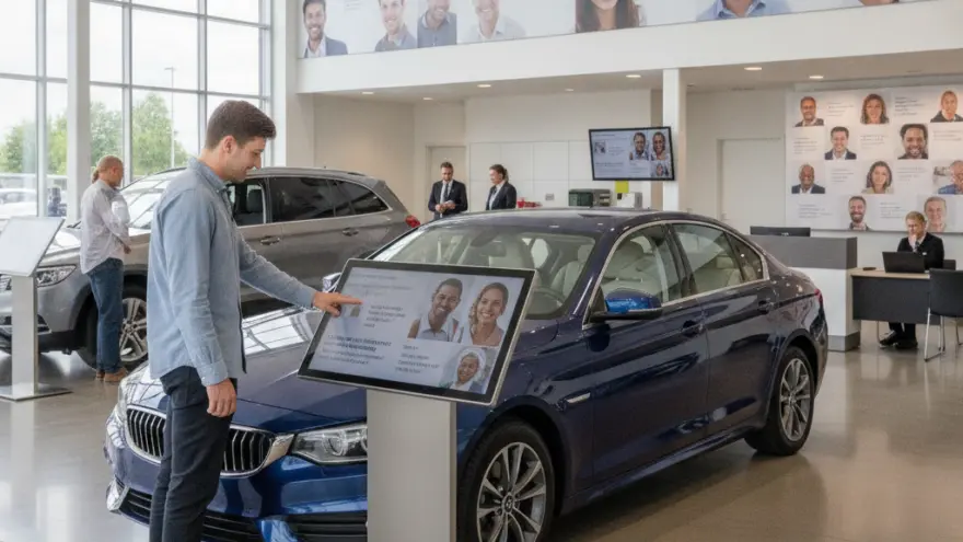 A man in a blue shirt uses an interactive touch screen display next to a blue sedan inside a spacious car dealership showroom.