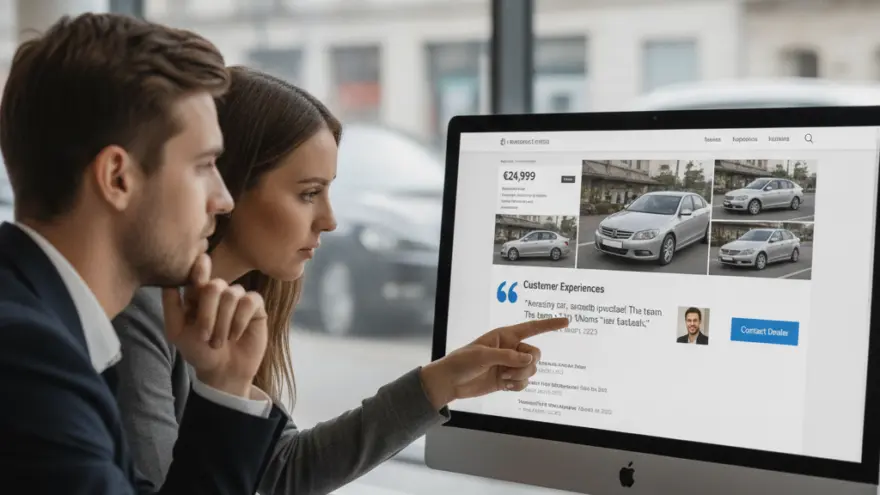 A man and a woman in business attire sit at a desk looking at a computer screen displaying a car listing website.