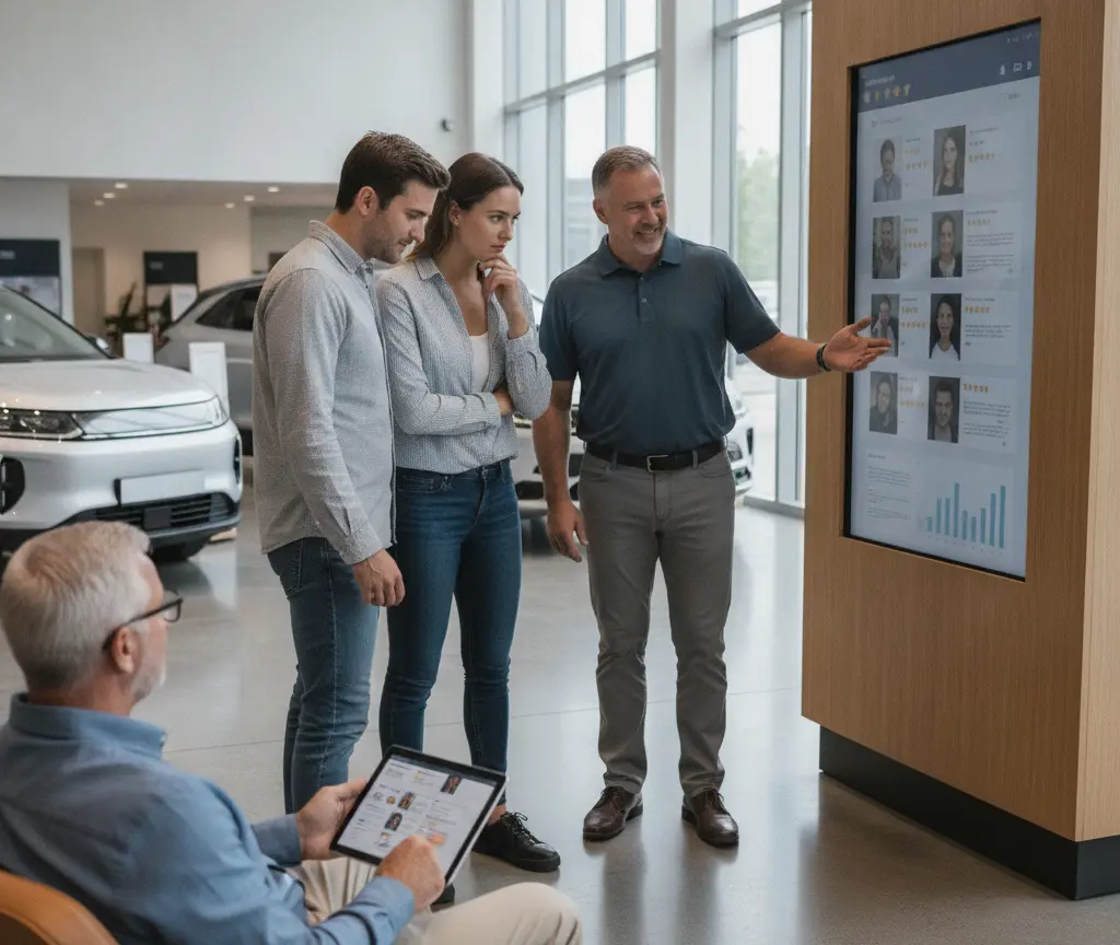 A salesman gestures toward a large digital screen displaying customer reviews to a young couple inside a car dealership showroom.