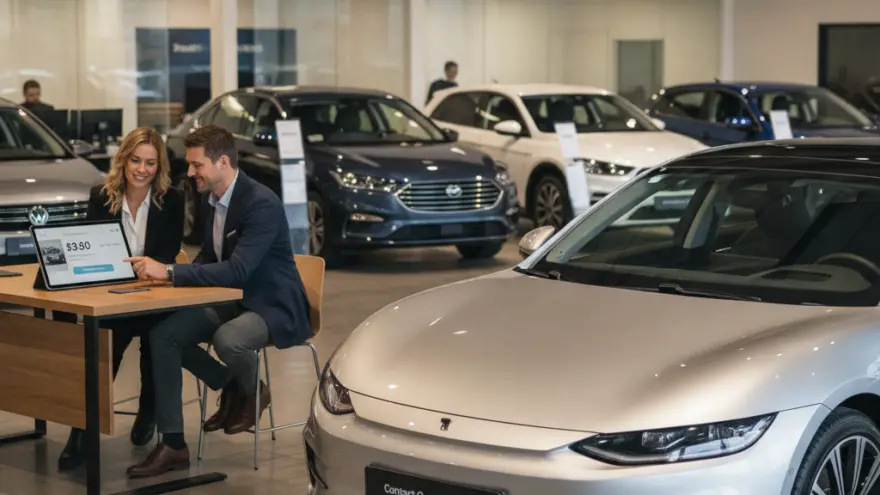 A man and a woman sit at a wooden desk looking at a tablet screen inside a car dealership showroom with several cars parked in the background.