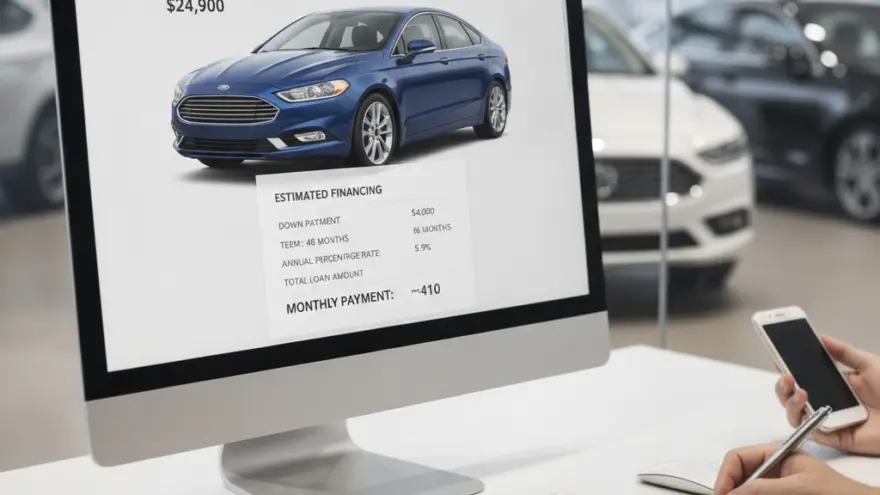 A person writes in a notebook at a desk with a computer displaying a blue sedan and financing details, while another person holds a smartphone in a car showroom.