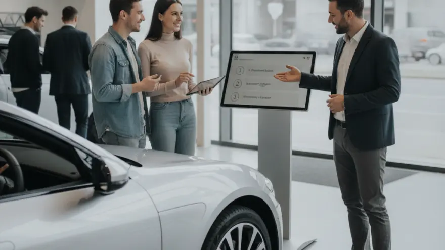 En Verkäufer im Gschäftsazug zeigt eme junge Paar in eme Autohuus Informatione uf eme Bildschirm näbed eme silbrige Auto.