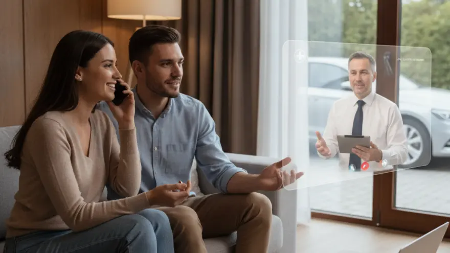 Es Paar sitzt uf em Sofa und luegt uf en Laptop, während e virtuelli Projektion en Verkäufer vor eme Auto zeigt.