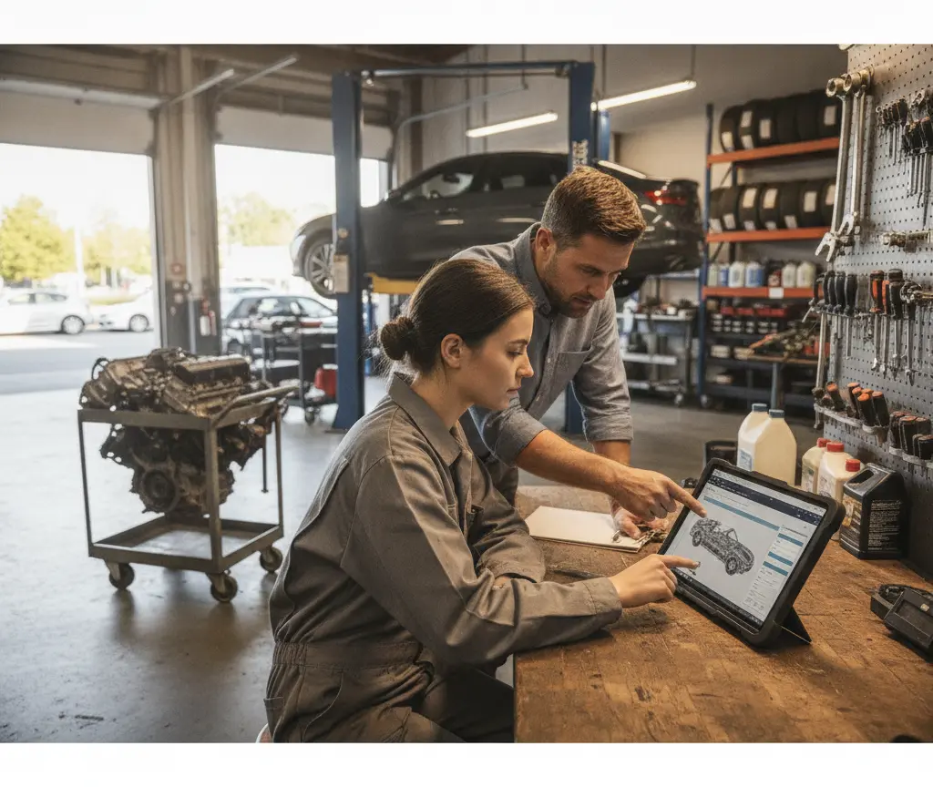 Zwei Automechaniker lueged gmeinsam uf es Tablet inere Werkstatt mit Auto und Werkzüg im Hintergrund.