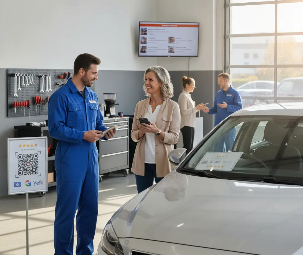 En Automechaniker im blaue Overall redet mit ere Chundin in ere Werkstatt näbed eme silbrige Auto.