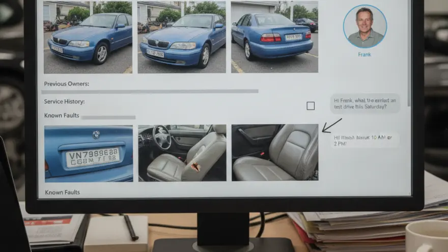 A computer monitor on a desk displays a webpage with photos of a blue sedan, its interior, and a chat window.