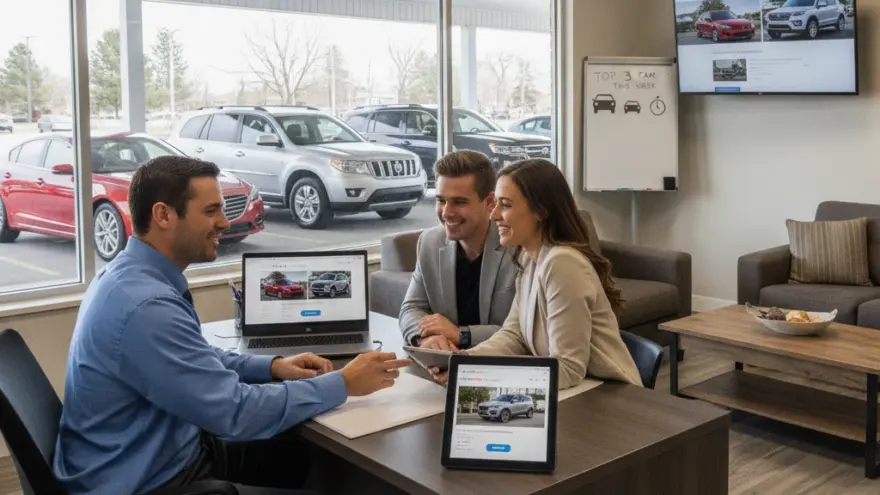 A car salesman sits at a desk in a dealership office, showing a laptop screen to a smiling couple sitting opposite him.