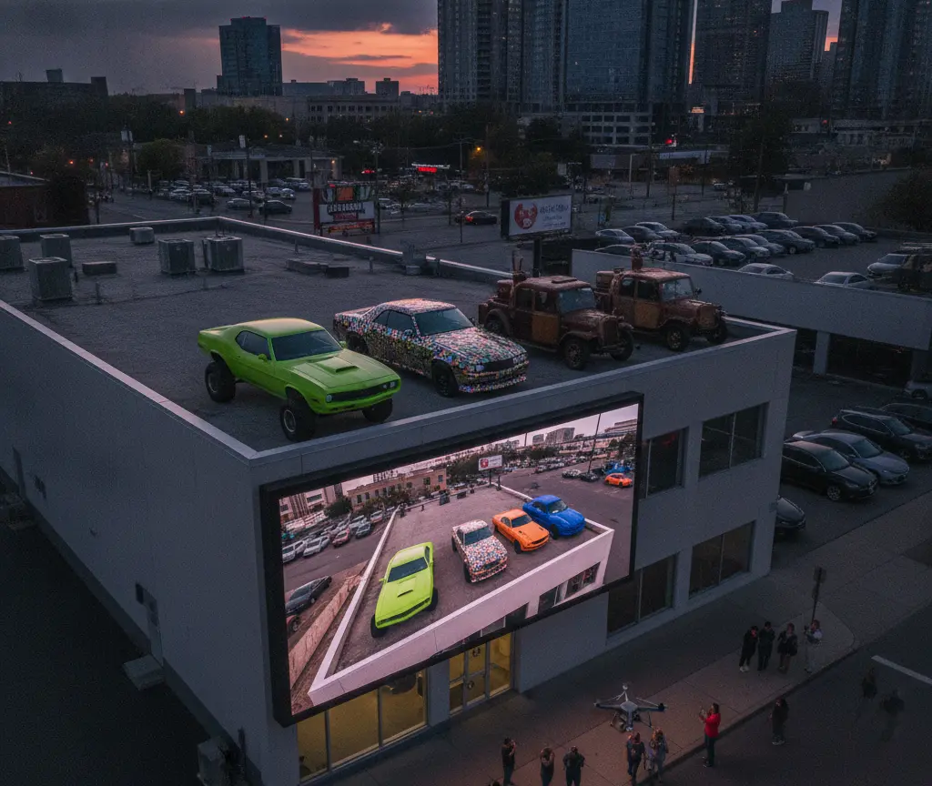 An aerial view of a building with cars parked on its roof and a large screen on its facade displaying a similar image, set against a city skyline at dusk.
