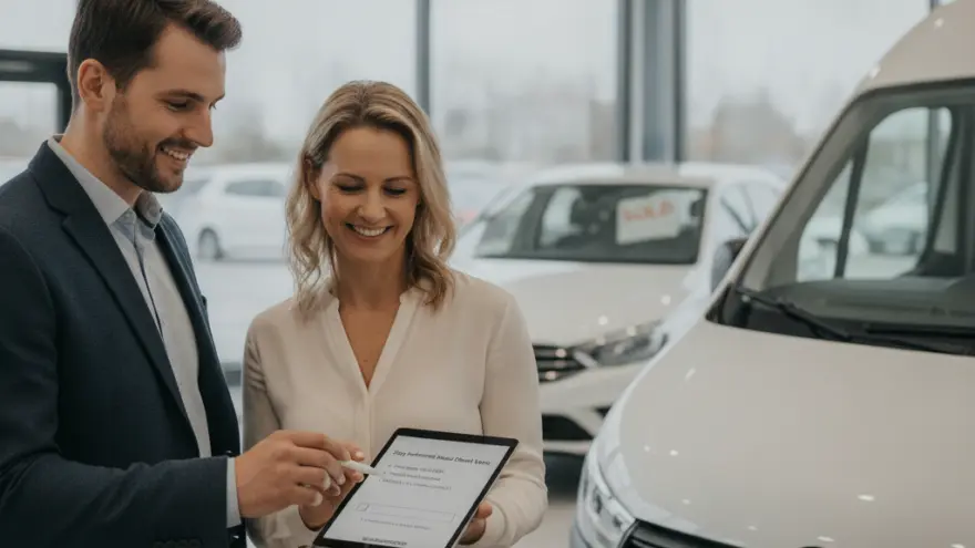 A smiling man in a suit points a stylus at a tablet held by a smiling woman in a car dealership showroom next to a white van.
