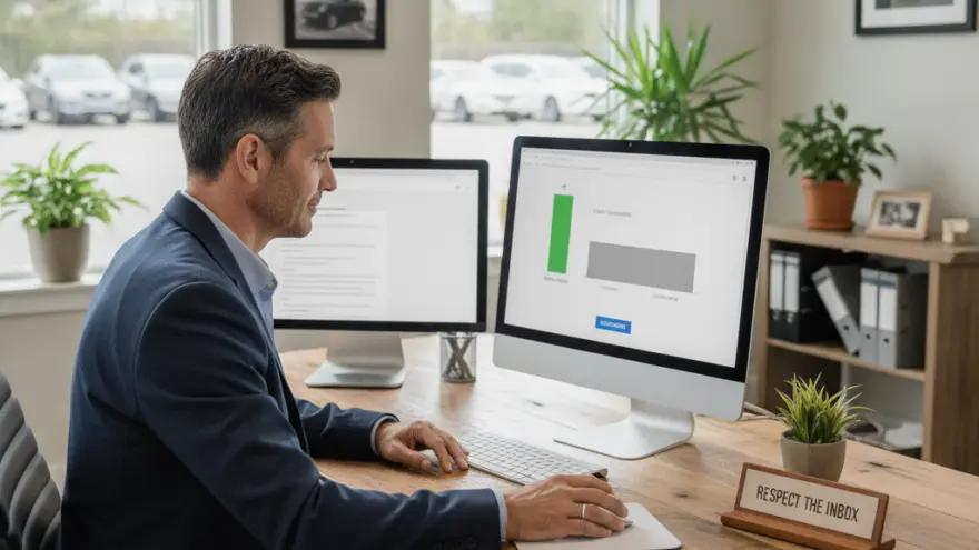 A man in a blue blazer sits at a wooden desk using a computer with a bar chart on the screen, in an office with windows showing parked cars outside.