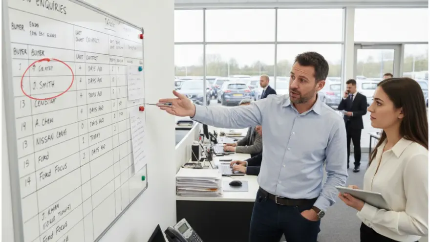 A man in a light blue shirt points to a whiteboard with sales data while talking to a woman holding a tablet in a car dealership office.