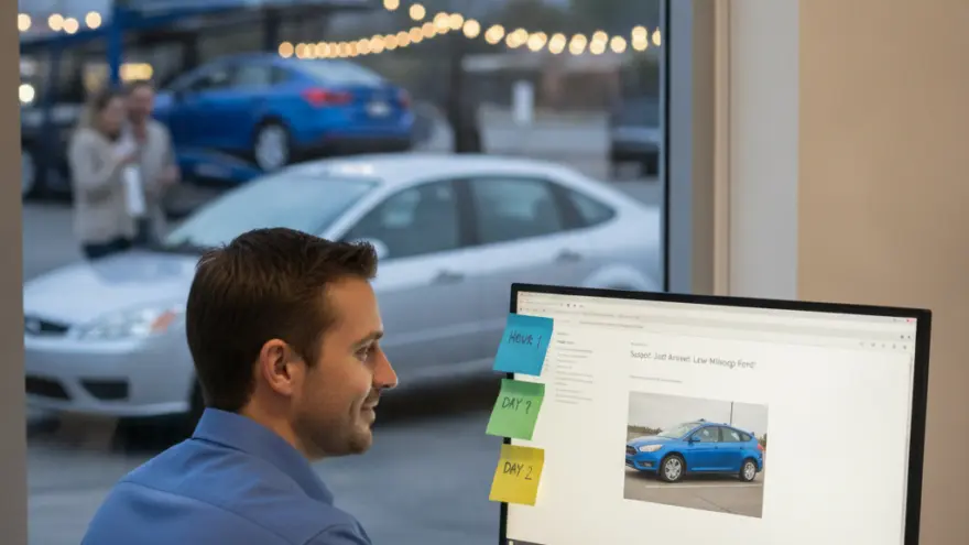 A man in a blue shirt sits at a desk looking at a computer monitor displaying a blue car, with a window behind him showing a car lot at dusk.