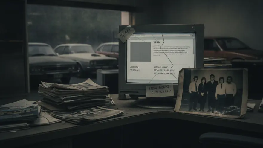 A dimly lit office desk with a vintage computer monitor, stacks of papers, and a black and white photo, looking out a window at parked cars.