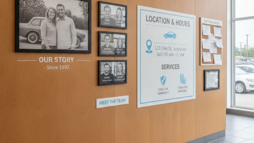An indoor wall display featuring framed black and white photos of people, a location and hours sign, and a customer reviews board.