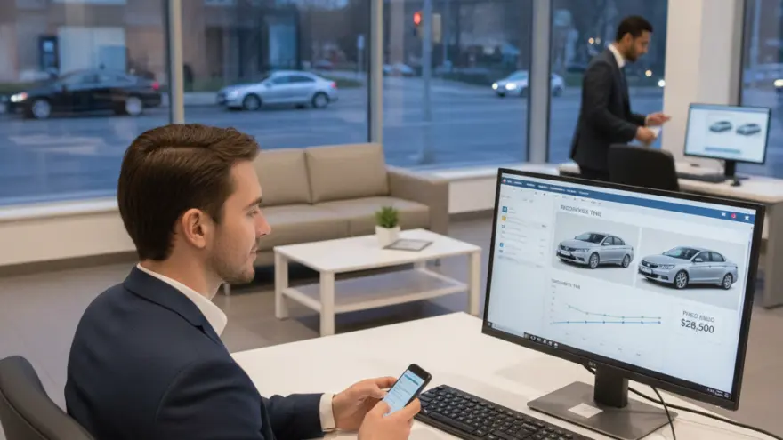 A man in a suit sits at a desk in a car dealership showroom, holding a smartphone while looking at a computer monitor displaying car models and data.