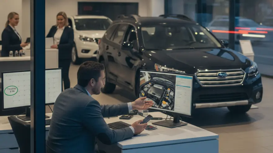 A man in a suit sits at a desk in a car dealership showroom, gesturing toward a computer monitor displaying a car engine diagram, with cars and other staff in the background.