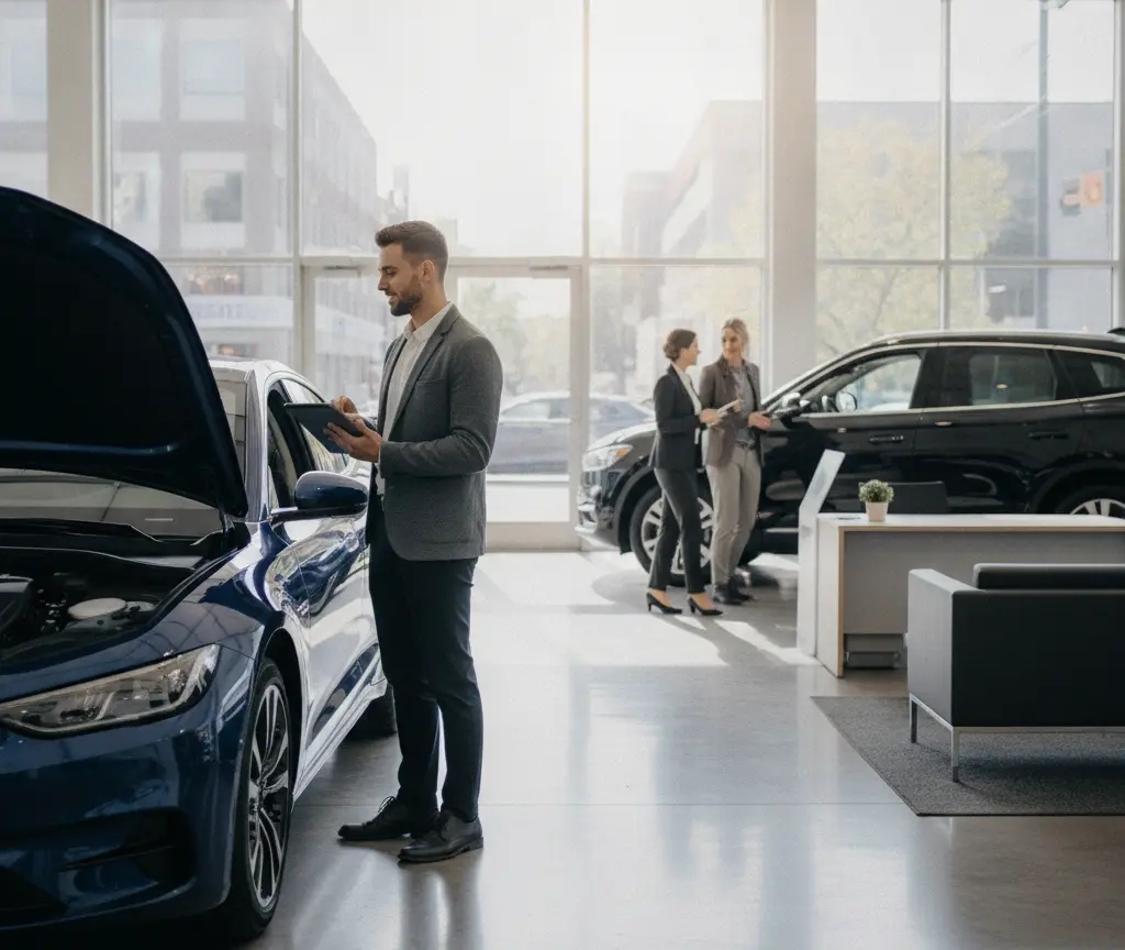 A man in a grey blazer stands by a blue car with its hood open looking at a tablet inside a car dealership showroom.