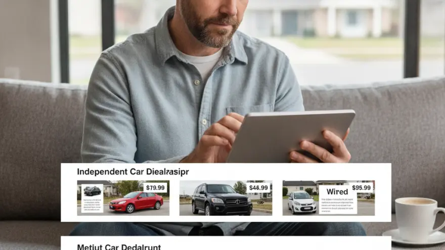 A man sits on a grey sofa using a tablet, with a digital overlay showing various cars for sale with prices.