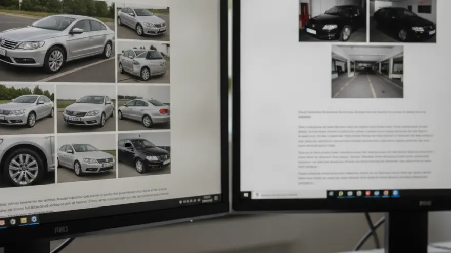 Two computer monitors on a desk displaying online listings for used cars, with a hand resting on a keyboard in the foreground.