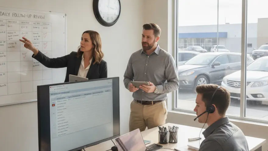 A woman points to a whiteboard while two men look on in an office with a window showing parked cars.