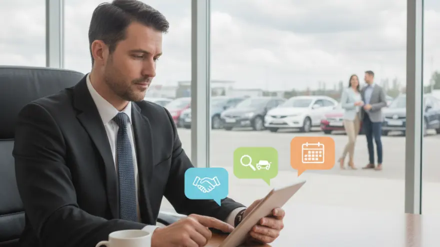 A man in a suit sits at a desk using a tablet with digital icons floating above it, with a car lot visible through the window behind him.