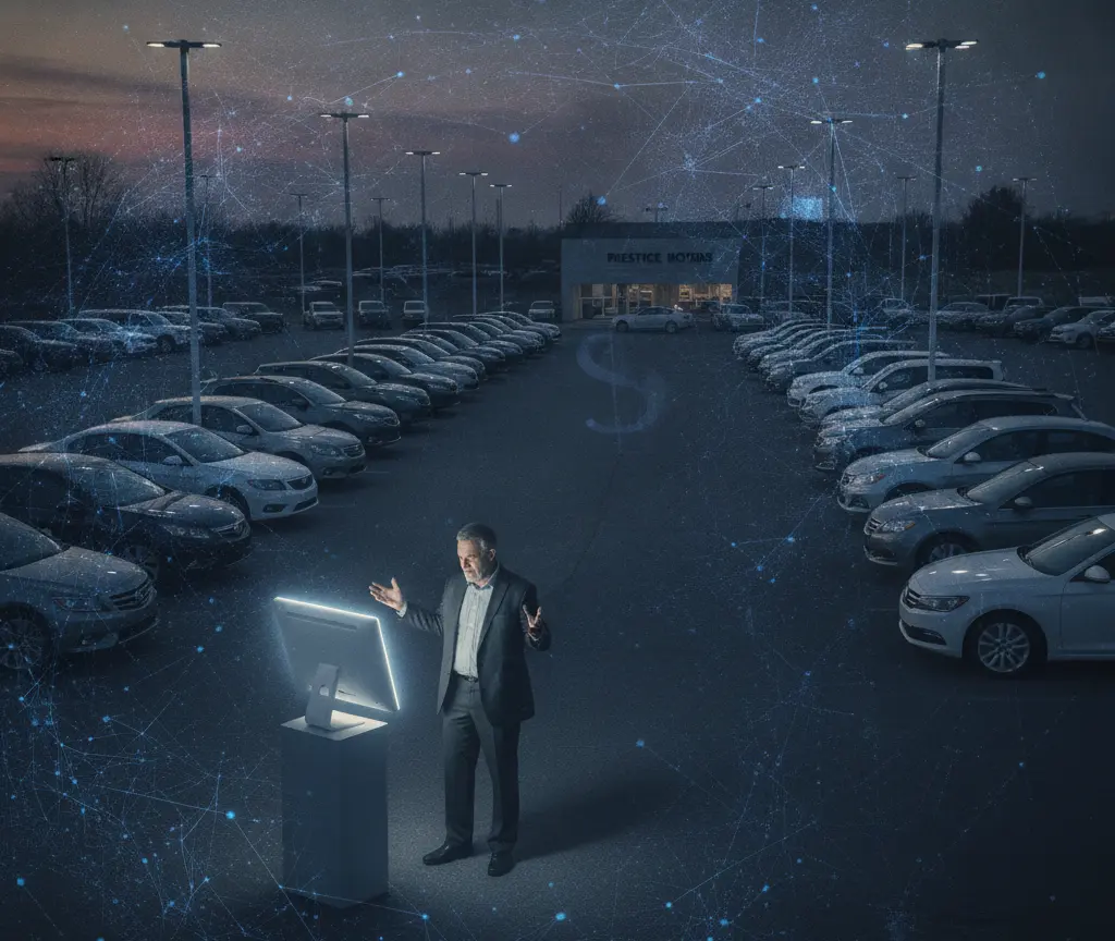 A man in a suit stands in a car dealership lot at dusk, gesturing toward a glowing computer monitor on a pedestal, with a digital network graphic overlaid on the scene.
