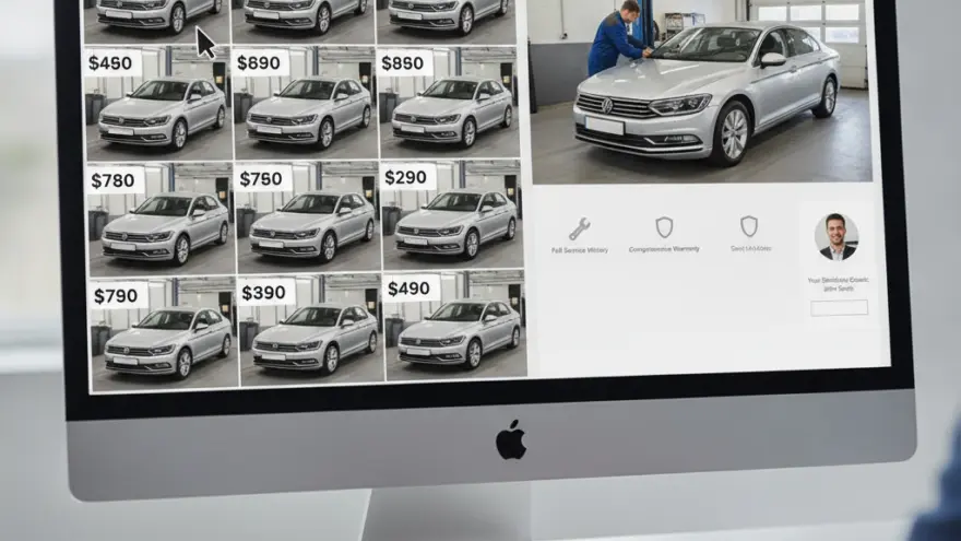 A person using a computer to browse a website displaying various silver sedans with prices.