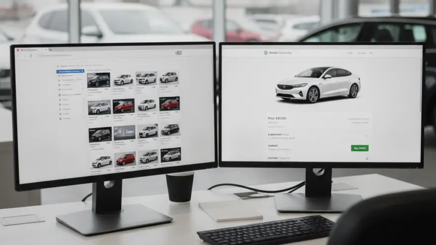 Two computer monitors on a white desk displaying car listings inside a dealership showroom with cars visible through the window.