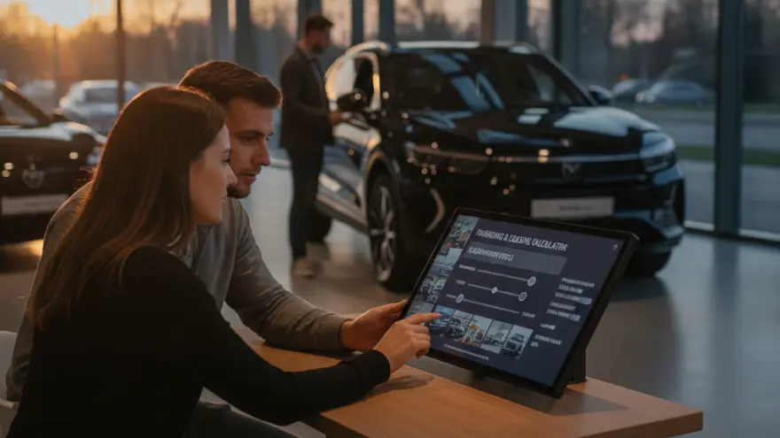 A man and a woman sit at a wooden table in a car showroom, looking at a digital tablet displaying a car configurator with a black SUV in the background.