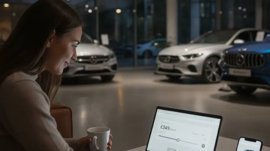 A woman sits on a couch holding a steaming mug and using a laptop in a car showroom with vehicles in the background.