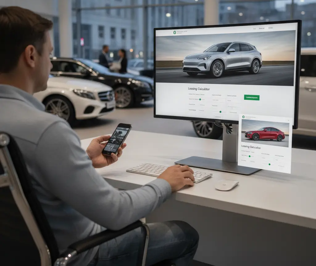 A man sits at a desk in a car showroom, holding a smartphone and looking at a computer monitor displaying a car leasing calculator.